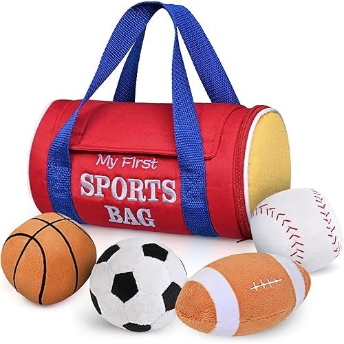 KMUYSL Baby Toys 0-12 Months, My First Sports Bag Plush Toy - 4 Sensory Balls Soft Toys with Crinkle, Rattles for 0-3-6-9-12 Month Newborn Infant, 1st Birthday for Babies Boys Girls Age 1