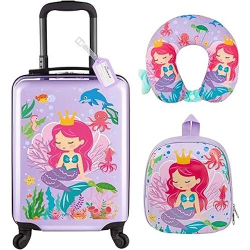 Sanwuta 4 Pcs Kids Luggage Set Kids Backpack Travel Rolling Suitcase with Wheels U-shape Pillow Childrens Gift for Girls Boys(20 Inch,Mermaid Style,Purple)