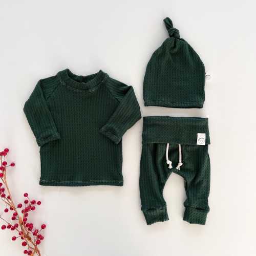 Pine Green Waffle Knit Baby Outfit - Winter Baby Boy Clothes | Christmas Baby Photo Outfit | Unisex Baby Clothes | Neutral Infant Gift Set