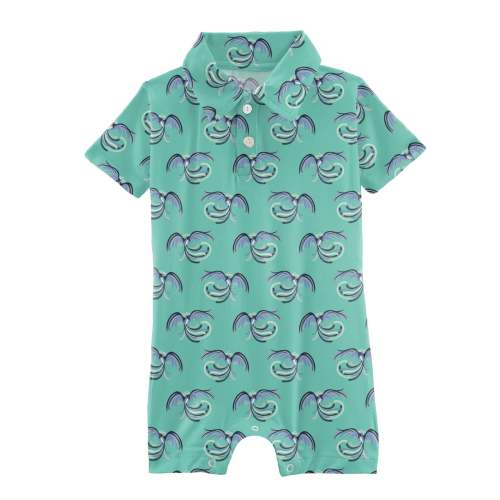 Print Short Sleeve Polo Romper in Glass Phoenix