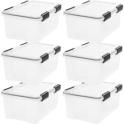 IRIS USA 19 Qt Storage Box with Gasket Seal Lid, 6 Pack - BPA-Free, Made in USA - Heavy Duty Moving Containers with Tight Latch, Weather Proof Tote Bin, WEATHERPRO - Clear/Black