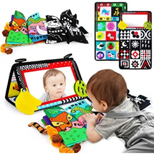 teytoy Tummy Time Mirror,Tummy Time Toys with Soft Crinkle 3D Cloth Book and Teethers Toys, Black and White Sensory Toys High Contrast Newborn Infant Baby Toys 0-6 Months Decorations