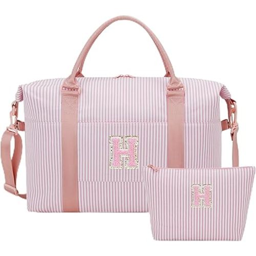 Birthday Gifts for Teen Girl, Personalized Dance Travel Duffel Bag for Girls Women, Cute Initial Overnight Weekender Gym Bag with Makeup Pouch（Pink,H)