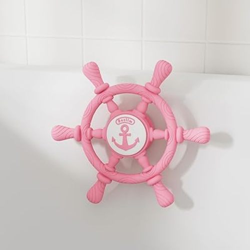 Large Bathtub Suction Spinner Toys - Silicone Bath & Highchair Sensory Toys for Babies & Toddlers, Novelty Spinning Top with Suction Cup, Car Window Travel Toys (Ship Steering Wheel Toy - Pink)