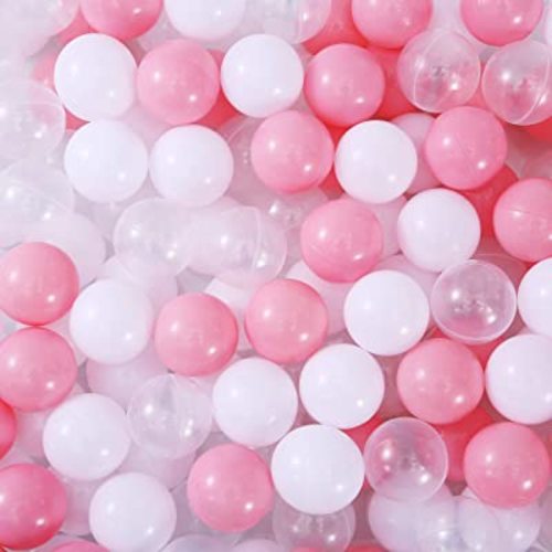 Ball Pit Balls for Kids, 100 pcs 2.15 Inches Small Size Thicken Soft Plastic Crush Proof Ball Pit Balls BPA Phthalate Free Baby Toddler Toy Ball with 3 Color White Clear and Pink