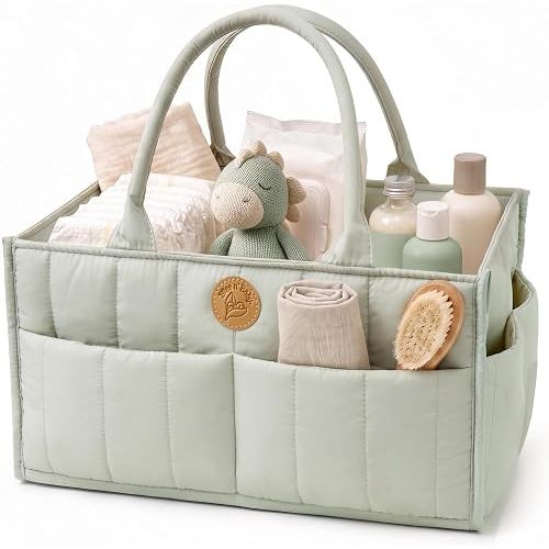 Baby Diaper Caddy Organizer - Portable Diaper Caddy with Handles & Removable Dividers - Large & Quilted Nursery Storage Basket - Changing Table Bag for Car - Baby Shower & Registry Gift - Sage Green