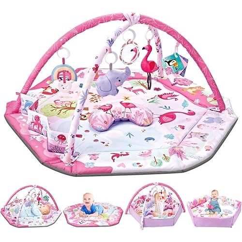 REMOKING Baby Toys 0-6 Months 8 in 1 Tummy Time Mat,Play Gym Mat & Ball Pit W/ 6 Detachable Toys & 18 Balls,Activity Center for Sensory Exploration, Baby Newborn 0-3-6-9-12 Months(Pink)