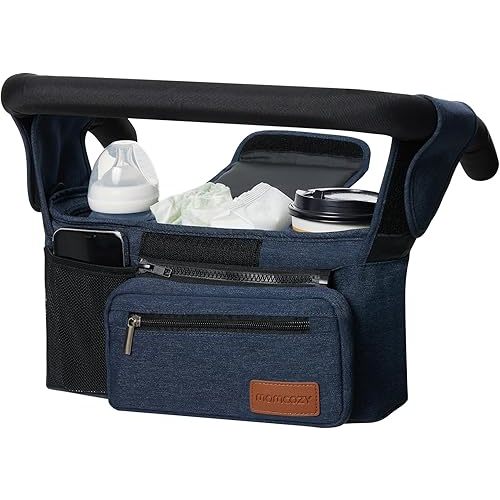 Momcozy Universal Baby Stroller Organizer, 2 Insulated Cup Holder, Detachable Zippered Pocket, Adjustable Shoulder Strap, Large capacity for baby essentials, Compact Design Fits Any Strollers