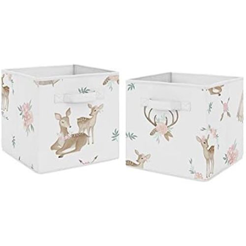 Sweet Jojo Designs Blush Pink, Mint Green and White Boho Organizer Storage Bins for Woodland Deer Floral Collection - Set of 2