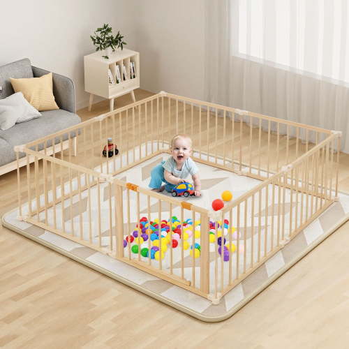 Hommow Wooden Baby Playpen, Foldable Play Yard with Lockable Gate, Adjustable Shape, XL