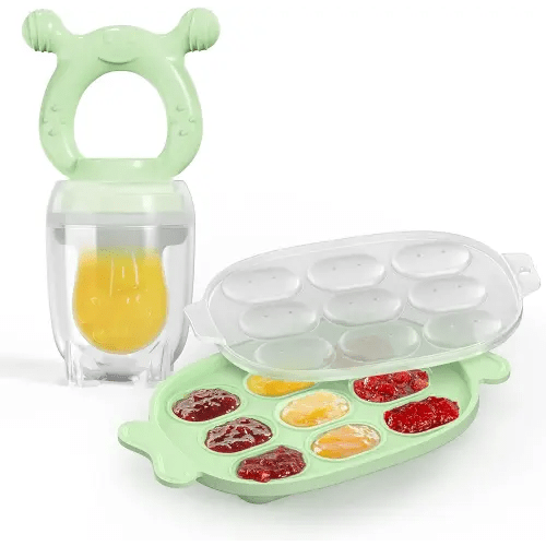 Baby Fruit Feeder Pacifier & Food Freezer Nibble Tray Combo, Breastmilk Popsicle Molds for Teething Relief for 4 Month+, BPA Free Silicone Fresh Feeder for Safe Infant Self Feeding Green