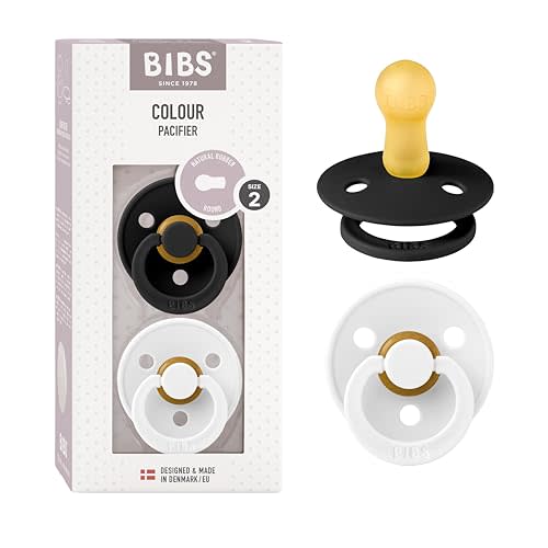 BIBS Pacifiers Colour Collection | Natural Rubber Baby Pacifier | Set of 2 BPA-Free Soothers | Made in Denmark | 6+ Months (Pack of 2) | Black/White