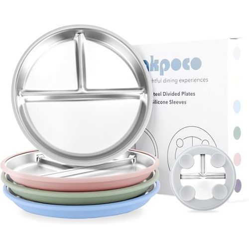 Stainless Steel Suction Plates for Toddlers, 9" Divided Kids Baby Plates with Removable Silicone Suction, Non Toxic Non Slip Portion Control Snack Dishes 4 Packs, Blue Green Gray Pink