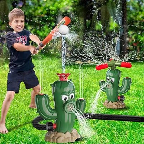 2 in 1 Water Baseball Cactus Toy, Outdoor Water Toys for Kids Ages 3 4 5 6 7 8, Summer Outdoor Backyard Lawn Games, Practice Baseballs, Attaches to Garden Hose, Boys Girls Gift
