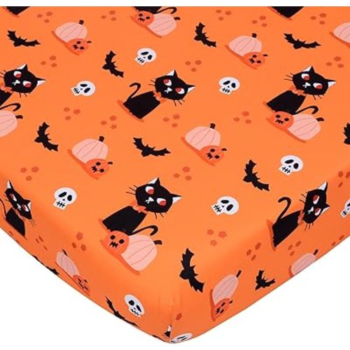 Cloele Halloween Pumpkin Crib Sheet Cat Fitted Sheet for Boys Girls - 1 Pack Baby Nursery Sheet Cozy Bed Sheet for Standard Crib and Toddler Mattresses - Orange Crib Mattress Infant Toddler Sheet
