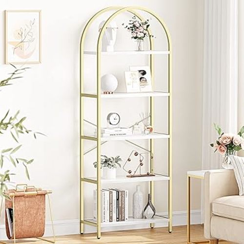 IDEALHOUSE Bookshelf 5 Tier Bookcase Arched Display Racks Tall Standing Bookshelves Metal Frame Modern Storage Rack Shelf Large Wood Book Shelf for Bedroom, Living Room, Home Office, White/Gold