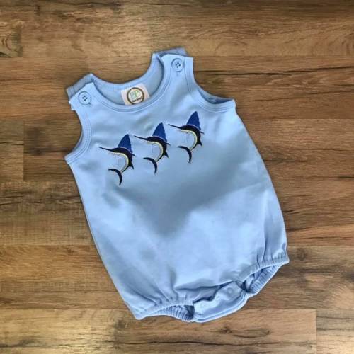 Cute Light Blue Bubble featuring an embroidery trio of marlin fish! A must have for any little fishing buddy. And the most vibrant colors!