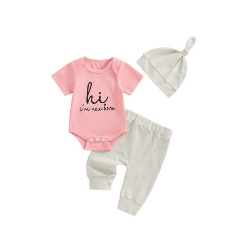 Hirigin Newborn Baby Boy Girl Clothes Outfits Hi I'm New Here Letter Embroidered Short Sleeve Romper and Pants Hat 3Pcs Coming Home Outfit