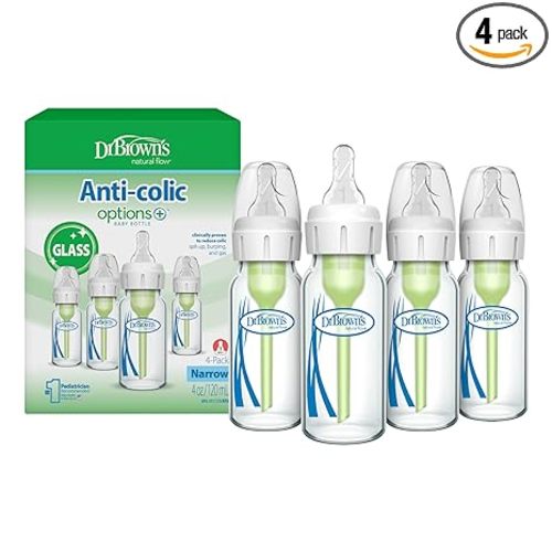 Dr. Brown's Anti-Colic Options+ Narrow Glass Baby Bottle with Level 1 Slow Flow Nipple, BPA-Free, 4 oz/120mL, 4-Pack