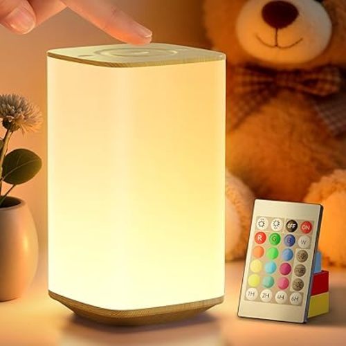 Auxmir Night Light for Baby Kids, 4000mAh Rechargeable Nursery Night Light with Touch Sensor & Remote Control, Bedside Lamp with 256 RGB Colors & 4 Lighting Modes for Bedroom, Living Room, Wood Grain