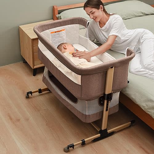 3 in 1 Baby Crib, Bassinet Bedside Crib Adjustable Portable Bed for Infant,Baby Newborn Must Have Bed,Khaki