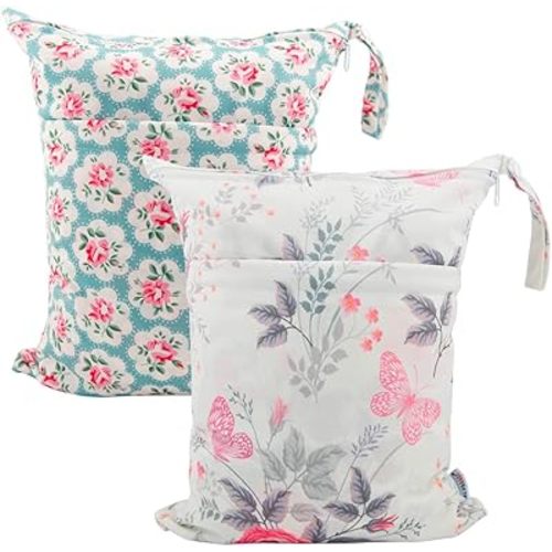 ALVABABY 2pcs Cloth Diaper Wet Dry Bags Waterproof Reusable with Two Zippered Pockets Travel Beach Pool Daycare Soiled Baby Items Yoga Gym Bag for Swimsuits or Wet Clothes L5166
