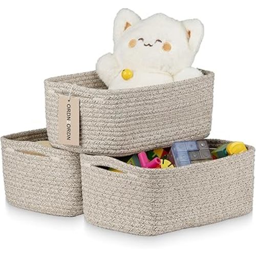 Small Storage Baskets for Organizing, Woven Storage Bins for Shelves, Gift Basket Empty, Cute Decorative Closet Organizer, Baby Rope Basket, Dog Toy Storage, 11x7.5x4.5”, 3Packs Mixed Brown