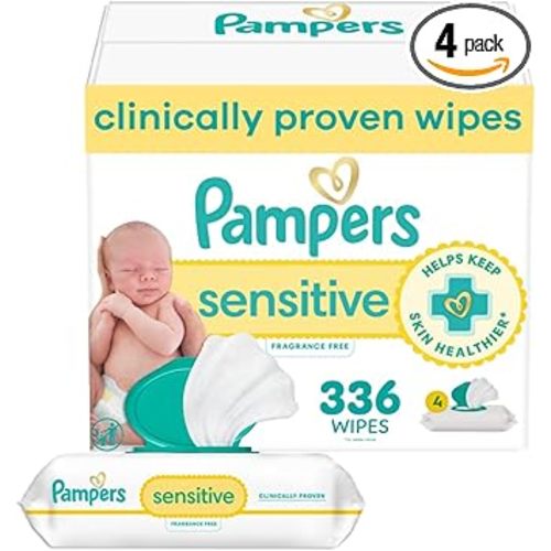 Pampers Baby Wipes, Sensitive, Water Based Wipe, Clinically Proven, Hypoallergenic, and Unscented for Babies, 336 Wipes Total (4 Flip-Top Packs)