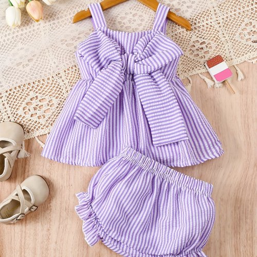 2pcs Children's Bubble Strap Set, Top with Bow Decoration and Shorts, Cute Outfit for Baby Girls, Perfect for Outdoor