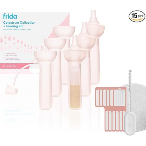 Frida Mom Colostrum Collection Kit, Catch, Store & Feed Breastmilk, Includes 6 Colostrum Collectors, 6 Labels, Cleaning Brush, Cloth & Case, Hospital Bag Ready, Safe Materials, 15pc kit