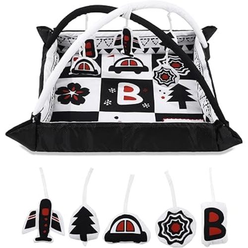 BALAPET Black and White Baby Gym Mat for Baby Floor Tummy Time, Soft Padded Play Activity Mat with 5 Toys for Toddlers & Infants, Washable Ball Pit for Early Sensory Exploration and Skill Development