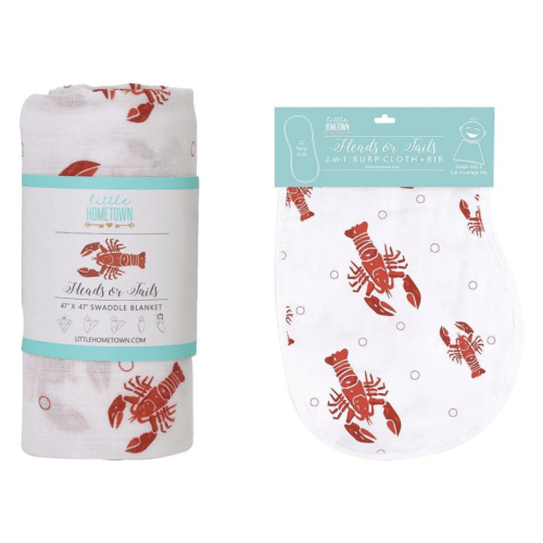 Gift Set: Heads Tails Crawfish Lobster Baby Muslin Swaddle Blanket and Burp Cloth/Bib Combo Extra Large Bamboo Cotton