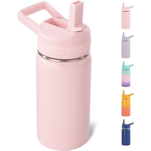12oz Kids Water Bottle for School Boys&Girls, Leak-Proof Toddler Water Bottle, Stainless Steel Vacuum Insulated Bottle with Straws Lids, Pink