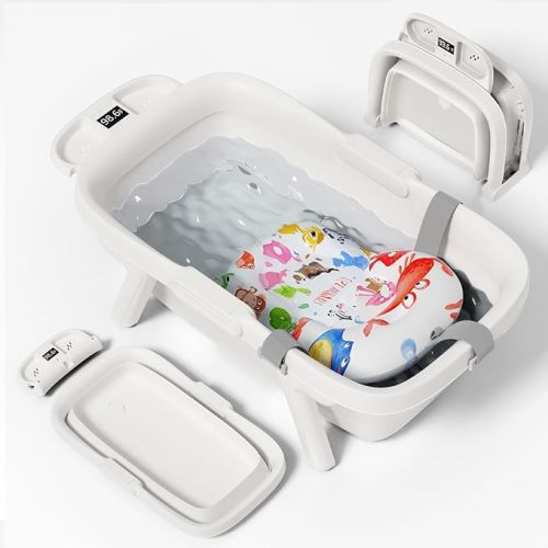 Collapsible Baby Bathtub, Large Infant Bath Tub with Thermometer & Cute Soft Cushion for Newborn to 36-Month Toddlers, Storage and Non-Slip Feet Design, Baby Bath Gift (White)