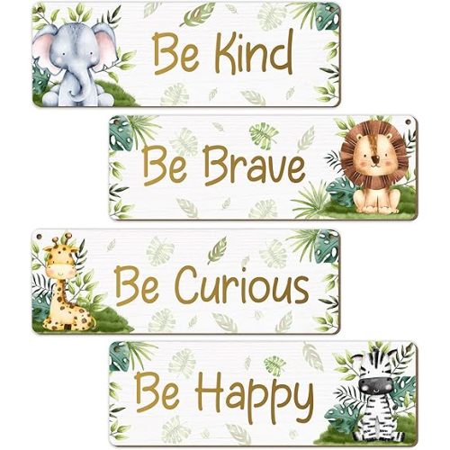 Woodland Nursery Decor, Jungle Safari Animals Boysroom Wall Sign Art, Motivational Bedroom Decorations for Kids Boys, 4 Pieces Wood Sign, 3.9x11.8 In-A04