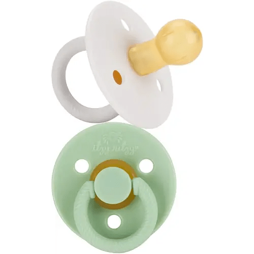 Itzy Ritzy Natural Rubber Pacifiers, Set of 2 – Natural Rubber Newborn Pacifiers with Cherry-Shaped Nipple & Large Air Holes for Added Safety; Set of 2 in Mint & White, Ages 0 – 6 Months