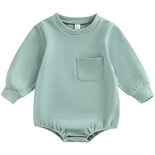 Baby Boy Girl Solid Color Sweatshirt Romper Oversized Long Sleeve Pocket Bubble Romper Sweater Bodysuit Outfit