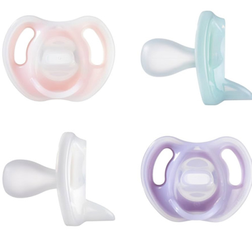 Tommee Tippee Ultra-Light Silicone Pacifier, 0-6 Months, Symmetrical One-Piece Design, BPA-Free Silicone Binkies, Pink/Purple/Green, Pack of 4
