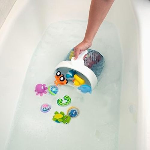 Nuby Mesh Toy Caddy - Bath Toy Storage Organizer with Detachable Suction Hanger - Handle for Easy Scooping - Durable, Quick-Dry Mesh
