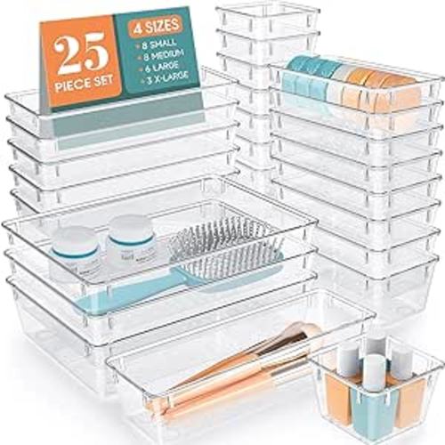 Amazon.com: WOWBOX 25 PCS Clear Plastic Drawer Organizer Set, 4 Sizes Desk Drawer Divider Organizers and Storage Bins for Makeup, Jewelry, Gadgets for Kitchen, Bedroom, Bathroom, Office