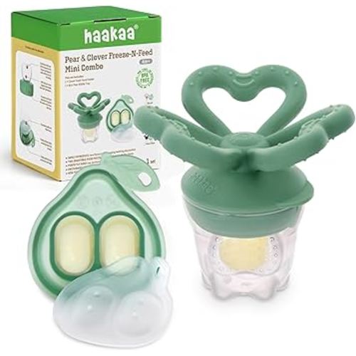 Haakaa Clover Baby Fruit Feeder Teether & Mini Freezer Nibble Tray – BPA-Free Silicone Breastmilk Popsicle Mold for Baby Teething Relief & Self-Feeding, 4M+ (Pea Green)
