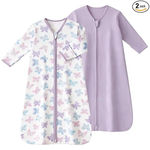 Baby Sleep Sack 0-6 Months, Long Sleeve Baby Wearable Blanket 0.5 Tog with Mittens, 2-Way Zipper Newborn Cotton Sleeping Sack for Boy and Girl Purple Butterfly 2 Pack (Small)