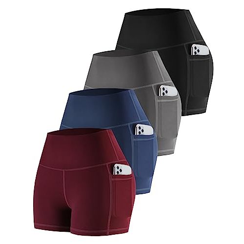 CHRLEISURE Womens Biker Yoga Shorts with Pockets: High Waisted Tummy Control Spandex Workout Athletic Gym Shorts 4 Packs
