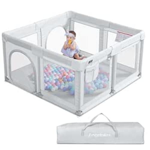 ANGELBLISS Baby Playpen, Large Baby Playard, Indoor & Outdoor Kids Activity Center with Anti-Slip Base, Sturdy Safety Play Yard with Breathable Mesh, Kid's Fence for Infants Toddlers (Grey, 50x50)