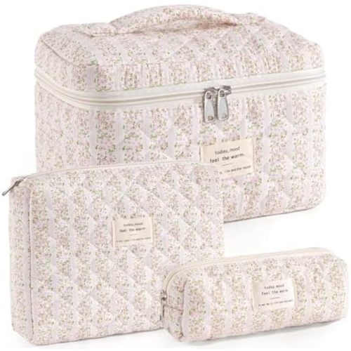 Makeup Bag for Women 3PCS Quilted Cotton Make Up Bag Travel Cosmetic Bag Large Makeup Bag Set Cute Makeups Organizer Floral Toiletry Pouch for Purse, Pink Floral C