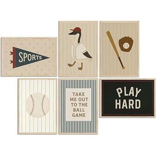 6Pcs Boys Sports Wall Art Baseball Kids Room Wall Picture Decor Vintage Nursery Poster Prints Retro Athletic Painting Artwork for School Kids Room Home Decoration 8x10in