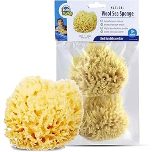 Baby Buddy Absorbent Natural Bath Sponge, Ultra Soft Premium Sea Wool Sponge, Soft on Baby's Tender Skin, Bath Accessories Baby and Kids, Infant Bath, Biodegradable, Hypoallergenic, 2pk, 4in