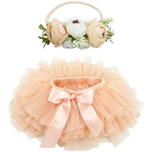 BGFKS Baby Girls Soft Fluffy Tutu Skirt with Diaper Cover,Toddler Girl Tutu Skirt Sets with Flower Headband.