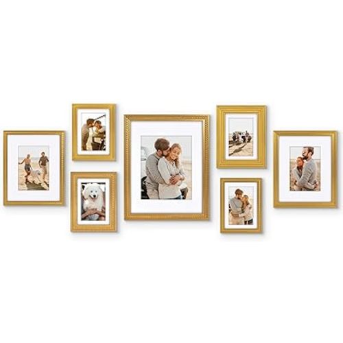 Americanflat Set of 7 Vintage Gold Frames with Polished Clear Glass - Gallery Wall Frame Set with One 11x14 Frame, Two 8x10 Frames, and Four 5x7 Frames - Antique Frames for Tabletop or Wall Display