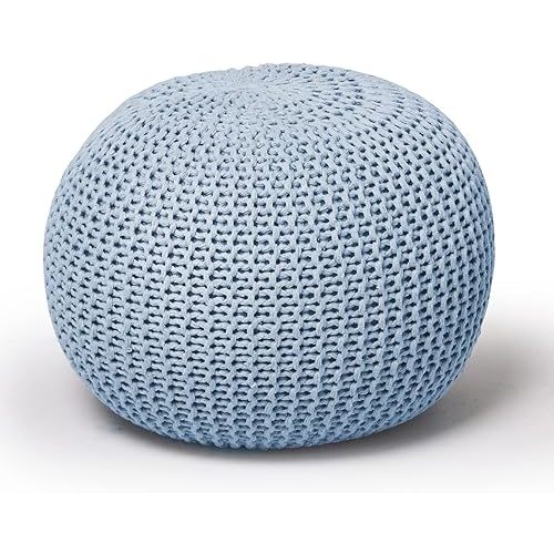 Urban Lifestyle Round Knit Pouf - Hand Woven Cotton, Light Blue
